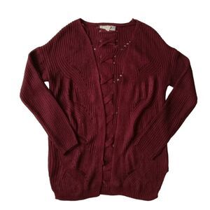 Pink Republic Burgundy Bloom Red Long Sleeve Open Front Knit Cardigan Sweater